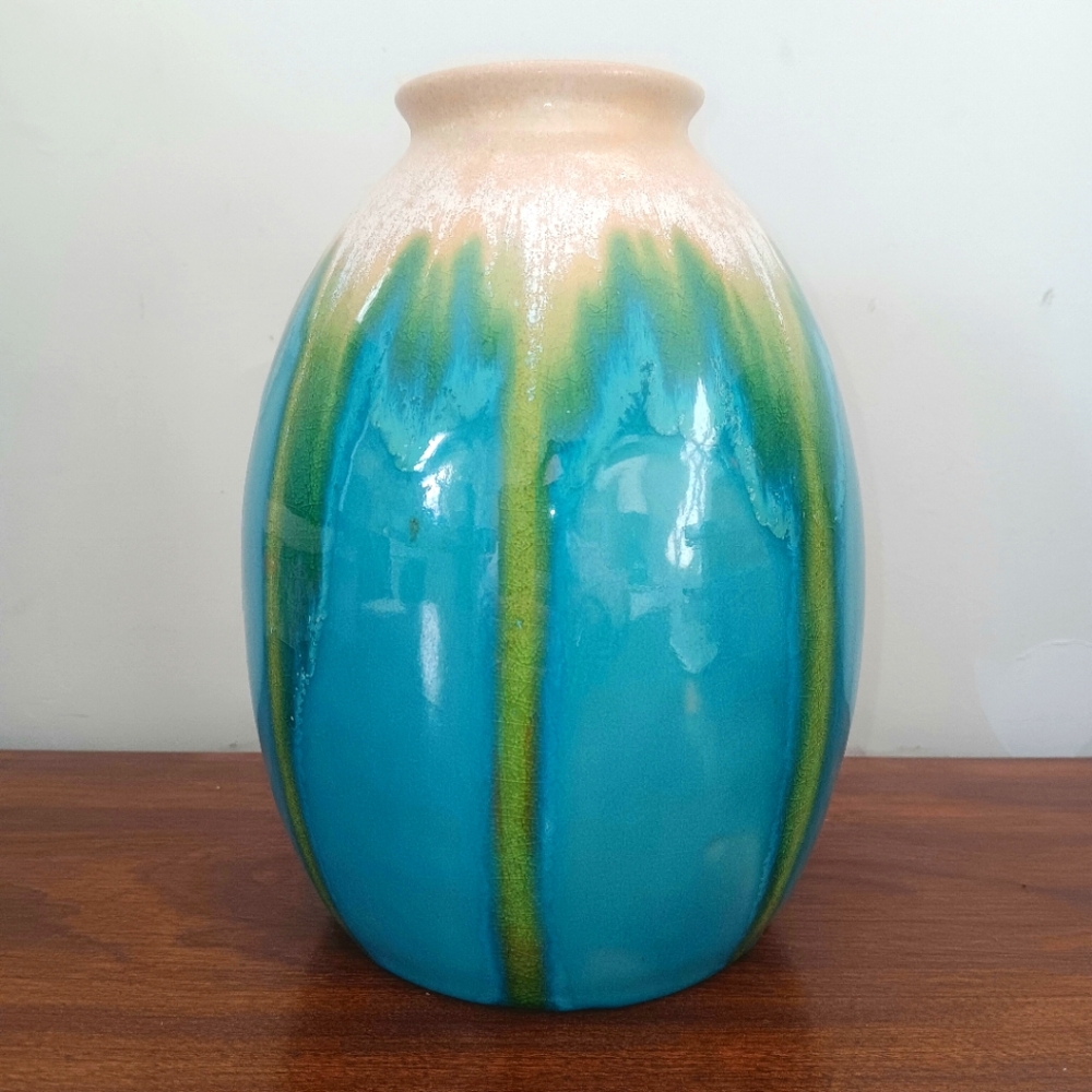 Artisan Turquoise Blue and Olive Green Ceramic Pottery Vase